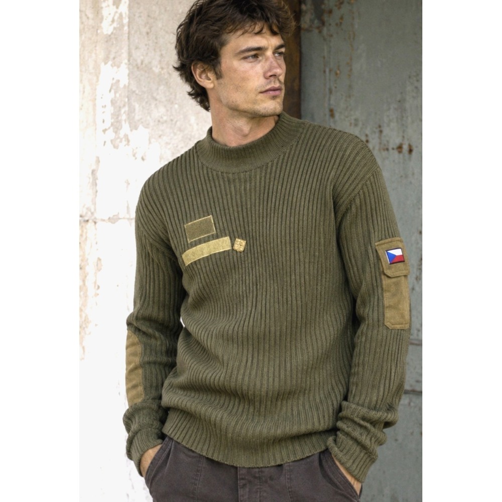 Czech Army Mens Wool Ribbed Sweater Size M Elbow Patches Military Flag Coat Arms